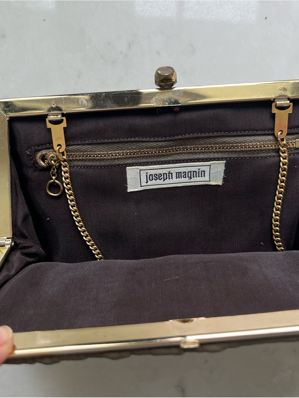 Vintage Olive Green Brown Leather Clutch / Shoulder Bag m with Brass Chain - Picture 5 of 7